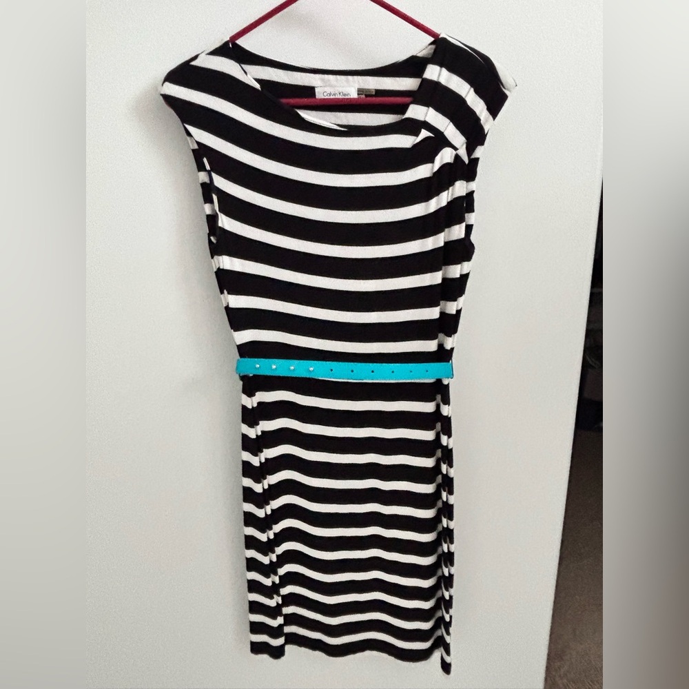Calvin Klein | Black and White Striped Midi Dress with Turquoise Belt
